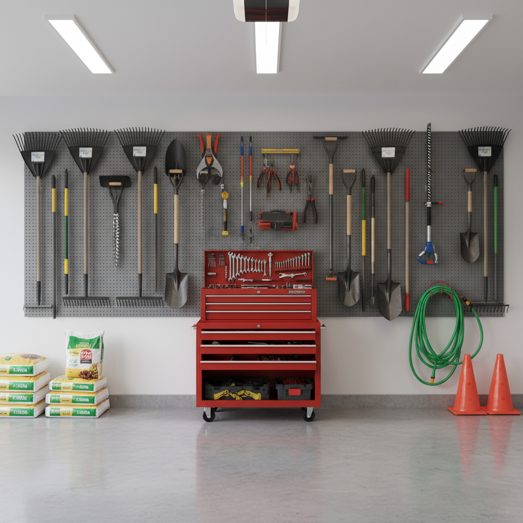 An organized property maintenance workspace inside a clean residential garage, featuring neatly arranged tools for lawn care, tree trimming, and home repairs. A row of gleaming metal rakes, shovels, and trimmers hangs on a pegboard wall, while a toolbox with open drawers reveals neatly ordered wrenches and screwdrivers. A coiled garden hose, safety cones, and stacked bags of lawn fertilizer line the spotless concrete floor. Bright, even overhead LED lighting casts minimal shadows, highlighting the orderliness and professional readiness of the equipment. Shot from an eye-level perspective with sharp focus throughout, the photographic image uses a balanced, centered composition to convey reliability, thoroughness, and professionalism in property maintenance services without any human figures.