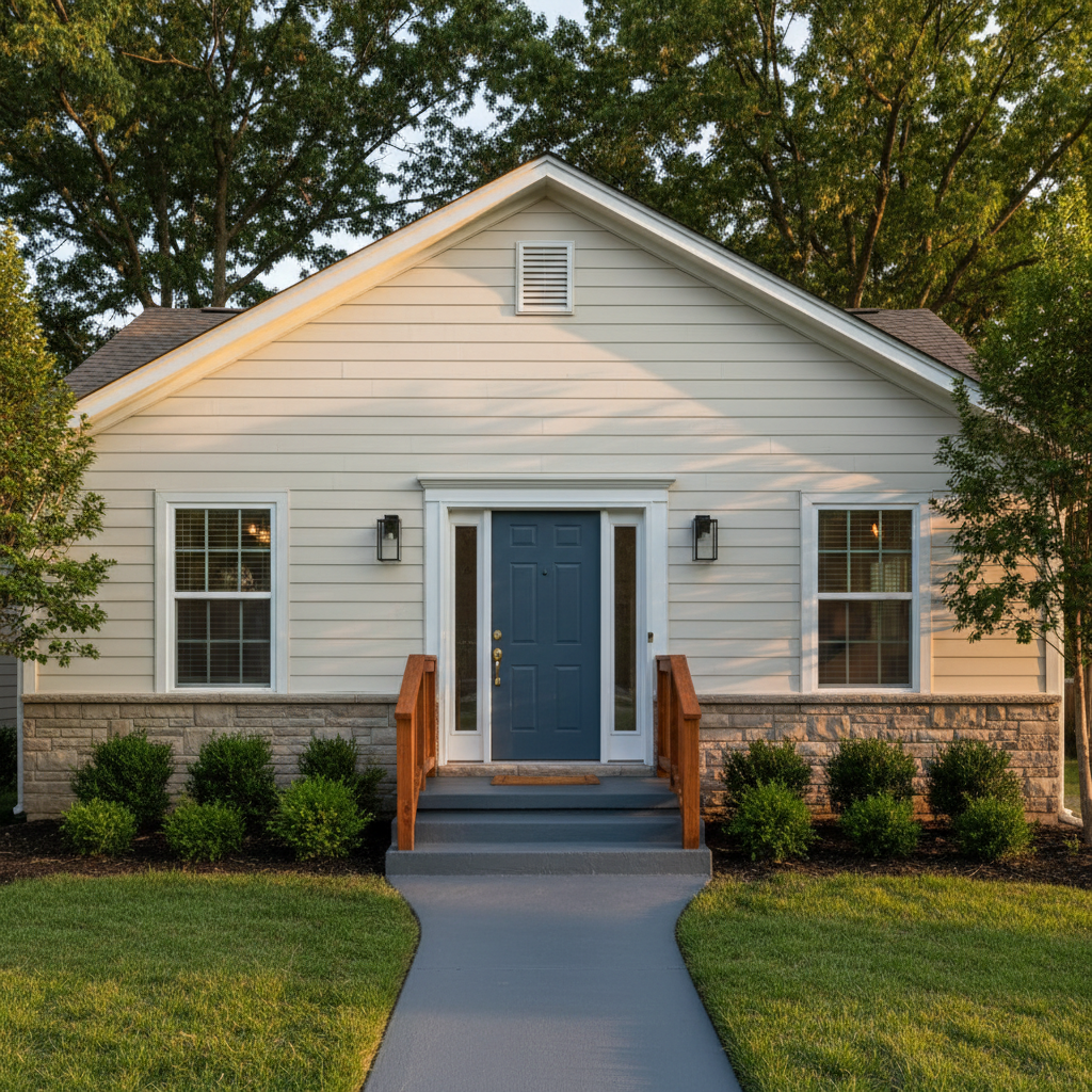 A sturdy, well-maintained single-family home exterior featuring freshly repaired siding, a newly painted front door, and a neatly sealed concrete pathway leading to the entrance. The house’s neutral tones complement the trimmed bushes, swept porch, and neatly arranged outdoor lighting fixtures. A repaired wooden handrail gleams with a smooth, even finish. Warm, golden hour sunlight illuminates the façade, casting soft, flattering shadows that emphasize clean lines and textures. Captured from a slightly elevated angle using photographic realism, the image keeps everything in sharp focus, with the house centered and framed by mature trees and a well-kept lawn. The atmosphere is professional, dependable, and reassuring, showcasing comprehensive home repair and property maintenance without any people present.