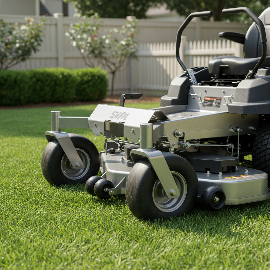 A close-up, detailed view of a professional-grade lawn mower parked on a perfectly cut lawn, its metal deck spotless and blades implied to be razor sharp. Thick rubber tires press gently into the grass, leaving subtle impressions. Behind it, a tidy backyard features a freshly trimmed hedge, a small garden bed with pruned bushes, and a clean wooden fence. Bright but diffused midday sunlight enhances the vibrant greens and metallic finishes, creating crisp highlights and soft shadows. Shot from a low, slightly angled perspective for a dynamic, powerful composition, with shallow depth of field that keeps the mower in sharp focus and the background softly blurred. The photographic, clean, modern aesthetic conveys precision, reliability, and professional lawn care.