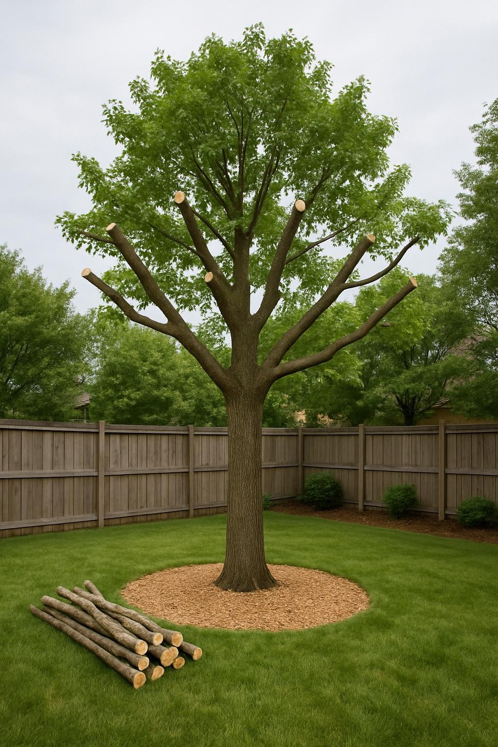 A tall, mature tree in a residential backyard, its branches recently trimmed to a balanced, healthy shape, with clean cut surfaces visible on select limbs. Beneath, a circle of neatly raked wood chips surrounds the trunk, and a small pile of evenly cut branches is stacked tidily near a wooden fence. The surrounding lawn is short and uniform, with a mulched flower bed running along the fence line. Soft, overcast daylight provides even, diffused lighting, reducing harsh shadows and enhancing natural colors. Photographed at eye level with a moderate wide-angle lens, the scene has clear, sharp detail from foreground to background. The mood is careful, safe, and professional, emphasizing expert tree trimming as part of comprehensive property maintenance, all in a realistic, photographic style with no people visible.
